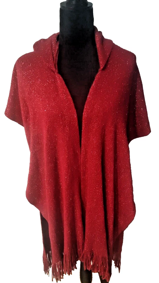 Women's Red Poncho Hooded Knit Shawl whit Ruffle. - Image 3 of 4