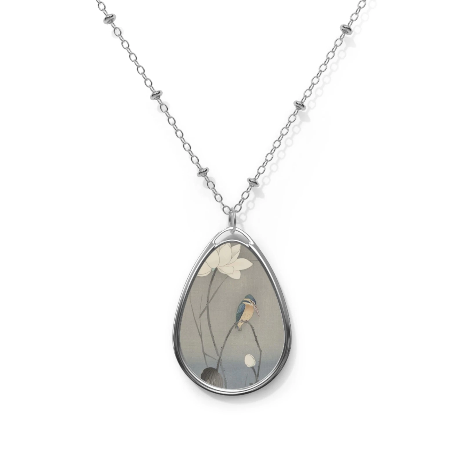 Kingfisher Lotus Oval Necklace Vintage Japanese Silver - product detail image 1