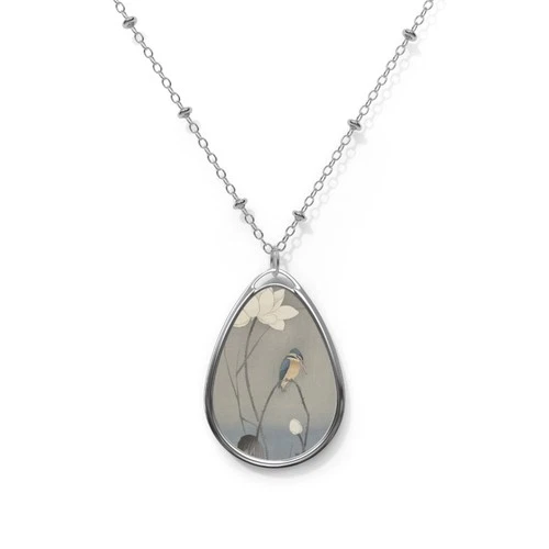 Kingfisher Lotus Oval Necklace Vintage Japanese Silver - product listing photo