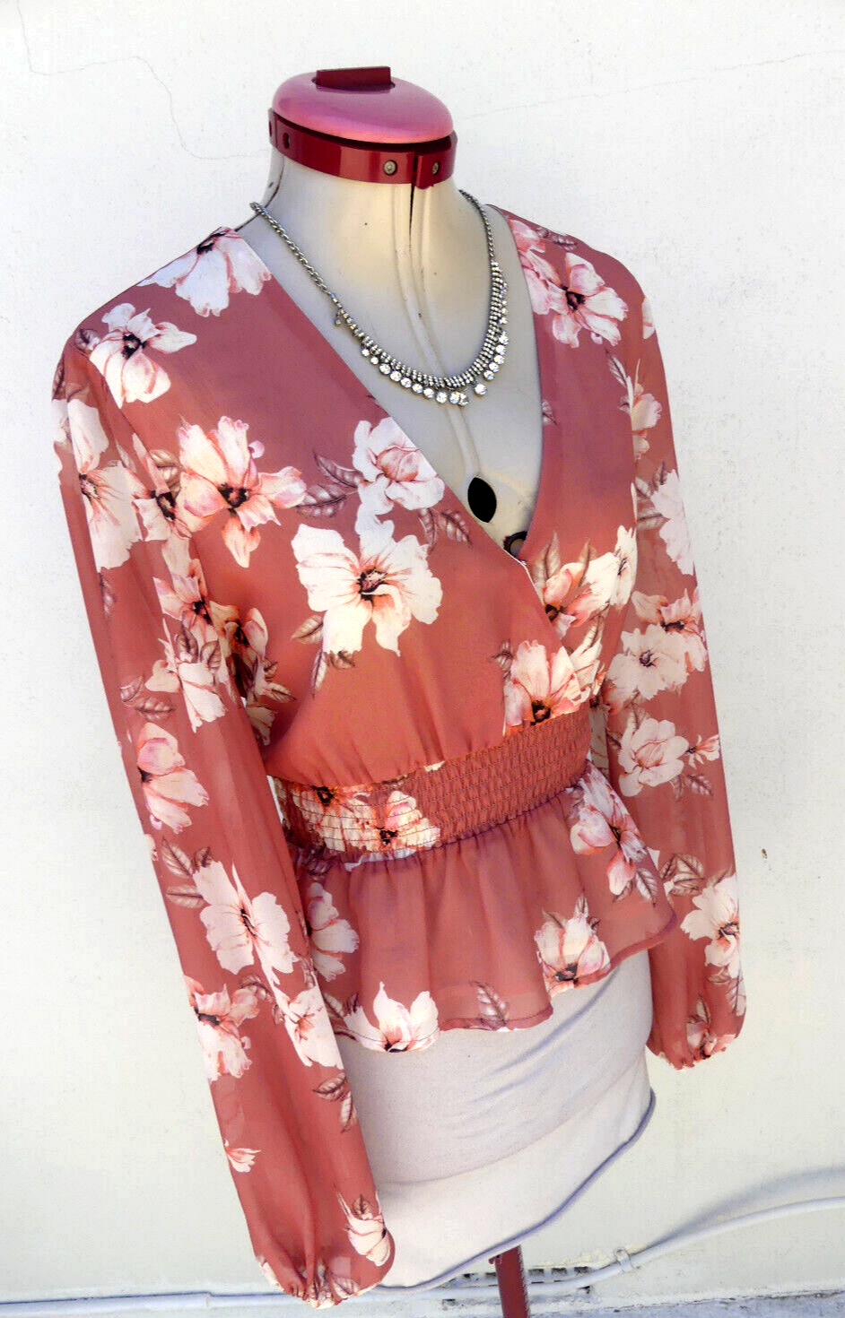 Portmans Pink Floral White Cottagecore Blouse Aus 10 Crop Long Sleeve Top