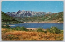Vintage Photochrome Postcard Mount Timpanogos & Deer Creek Lake Utah
