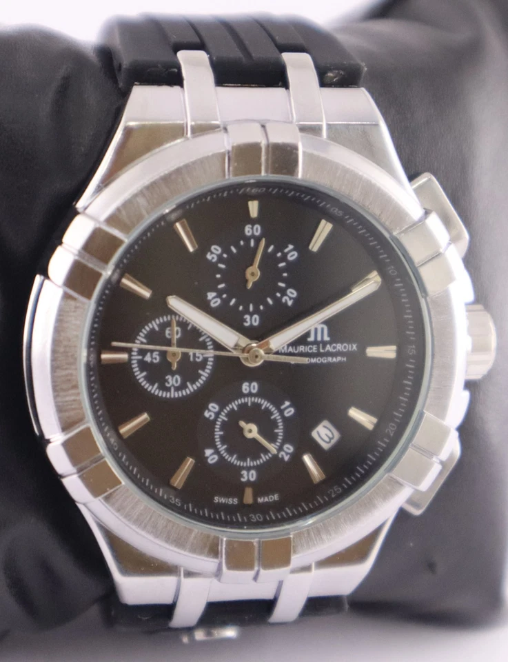 Luxury Maurice Lacroix Men Chronograph Black Dial 'Date' Wristwatch Rubber Band - Image 3 of 4