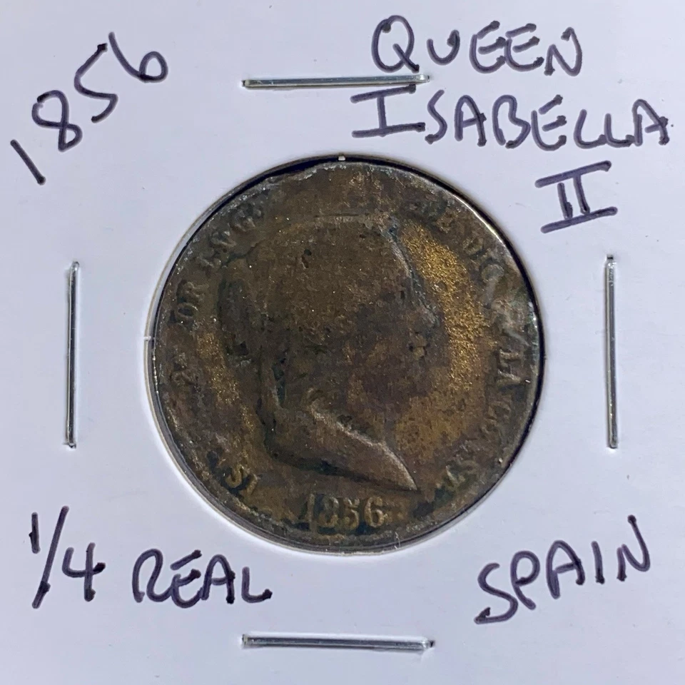 1856 Spanish 1/4 Real Queen Isabella II Large Coin Rare Type 25 Cent - Image 4 of 4