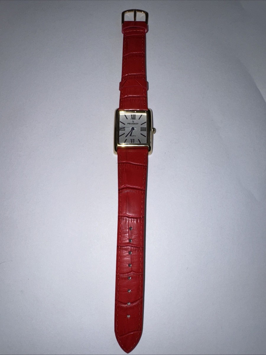 Peugeot 3036 Womens Tank Watch Red Croc Leather Strap Roman Numeral Quartz