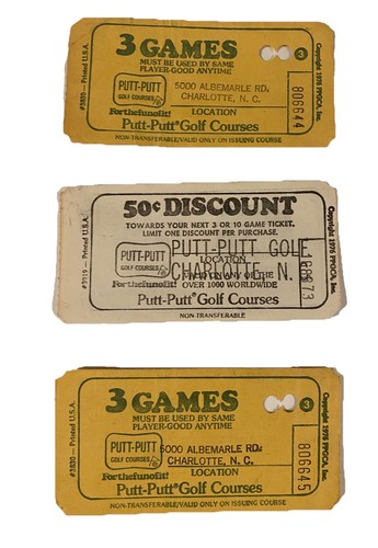 Vintage Putt-Putt Golf Course Game Tickets Lot – Charlotte, NC – 1970s