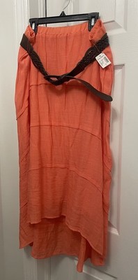Westport Hi-low Layered Midi Skirt Light Orange with Brown Braided Belt Size L