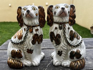 SUPERB PAIR 19thC STAFFORDSHIRE COPPER LUSTRE & WHITE SPANIEL DOGS no3s c1860s