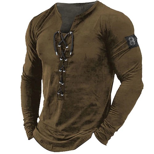Mens Lace Up Long Sleeve T Shirt Tee Grandad Gym Fitness Muscle Fit Shirts Tops - Picture 19 of 19