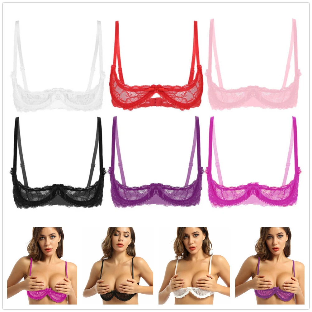 Sexy Women 1/4 Cup Bra Sheer Lace Netted See-through Underwired Non Pad  Club