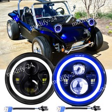 Pair 7 Round Led Headlights Blue Drl Hilo Beam Fit Vw Dune Buggy Rail Buggy