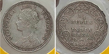 British India. 1/4 Rupee 1889. Victoria Empress. Calcutta Mint. XF++ Grade.