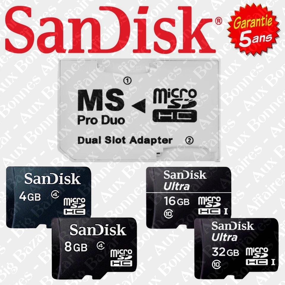 SANDISK Carte Mémoire 32 16 ou 8 Go pour appareil photo caméscope ou console PSP Sony