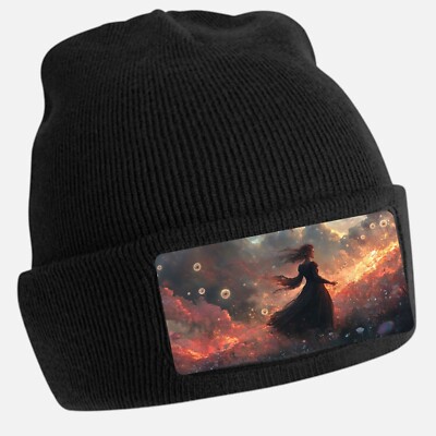 Black Cool Witch Print Beanie Hat - Unisex Cap, Cotton