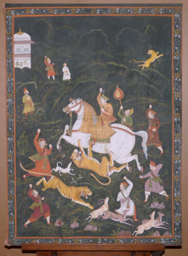 Große, indische Seidenmalerei,  Jagdszene, weißes Pferd, 119,0 cm x 87,0 cm