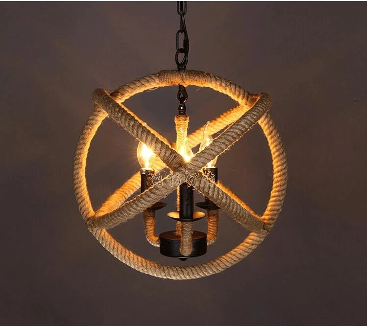 Vintage Industrial Chandelier Pendant Light Ceiling Lamp Hemp rope Cage 3 lights - Image 3 of 4
