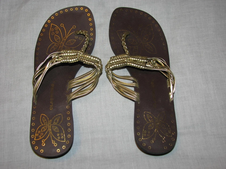 7 Zapatos de Damas Trenza Dorada Imitación Cuero Marrón Pajiente Sandalias Chanclas Clasificadas Foto 2 de 3