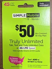 SIMPLE Mobile $50  Truly Unlimited Talk, Text, Data Plan (Direct  And Delivery)