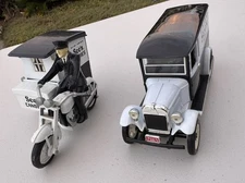 See's Candies Motorcycle with Side Car and Driver & Sees Diecast Truck Candy VTG