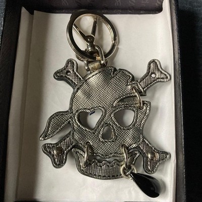 PRADA 1ARA43 Saffiano Skull Key Holder Bag Charm Palladio Dark Gray Used Japan