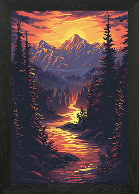 Berg Fluss Sonnenuntergang gerahmtes Wandbild Poster Leinwanddruck Bild