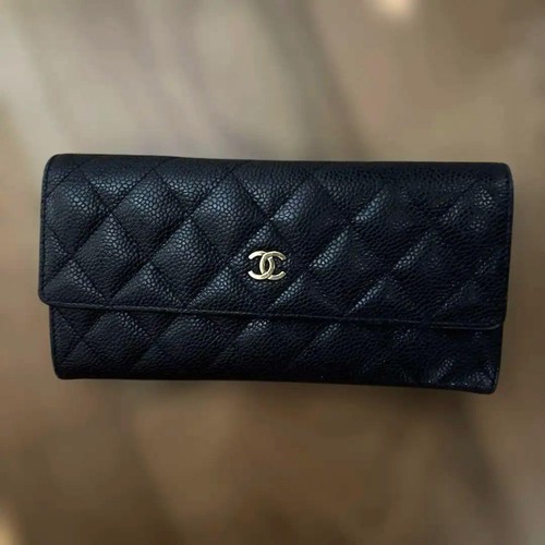 CHANEL Classic Matelasse Long Wallet Caviar Skin Leather Black Flap w/ Card