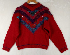 Vintage 80s/90s Beldoch Popper Sweater Womens Large Red Beaded Retro Knit