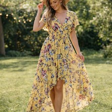 Yellow Floral High-Low Maxi Dress/Coverup Boho V-Neck Sheer Cottage Core Ruffle
