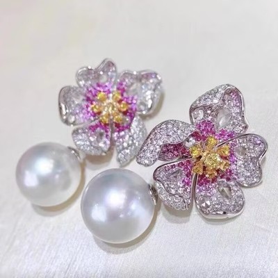 classic 10-11mm sout sea round white  pearl dangle earring silver
