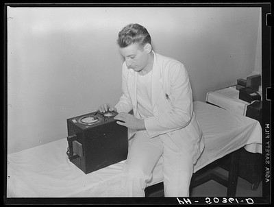 1930s Man Testing Geiger Counter Radioactive Detector Laboratory Room