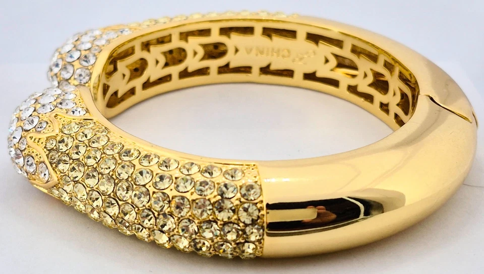 Joan Boyce Gold Tone Kissable, Pave Crystal Cuff w Yellow and White Rhinestones. - Image 4 of 4