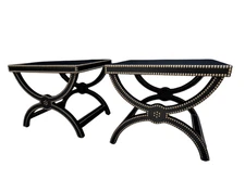 Late 20th Century Vintage X Base Leather Nailhead Ottoman Stools - a Pair