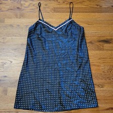 Morgan Taylor Slip Chemise Nightgown Womens L Black White Polka Dot Pink Trim