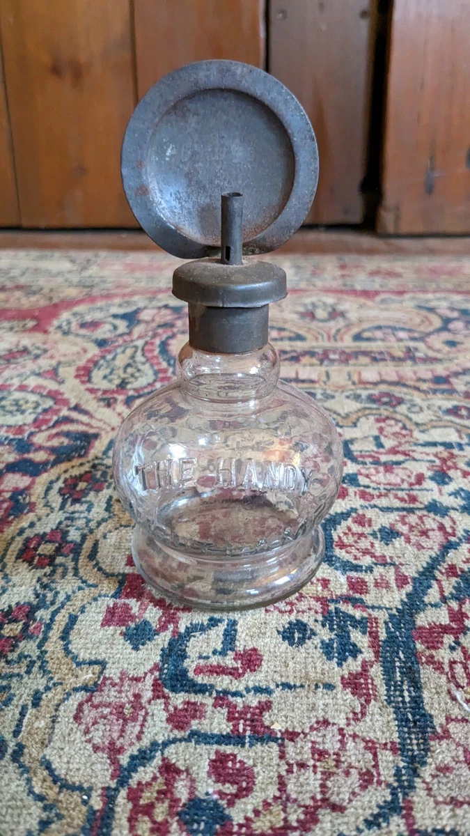 Antique Early Primitive Glass Handy Night Whale Oil Lamp Tin Reflector 5.5