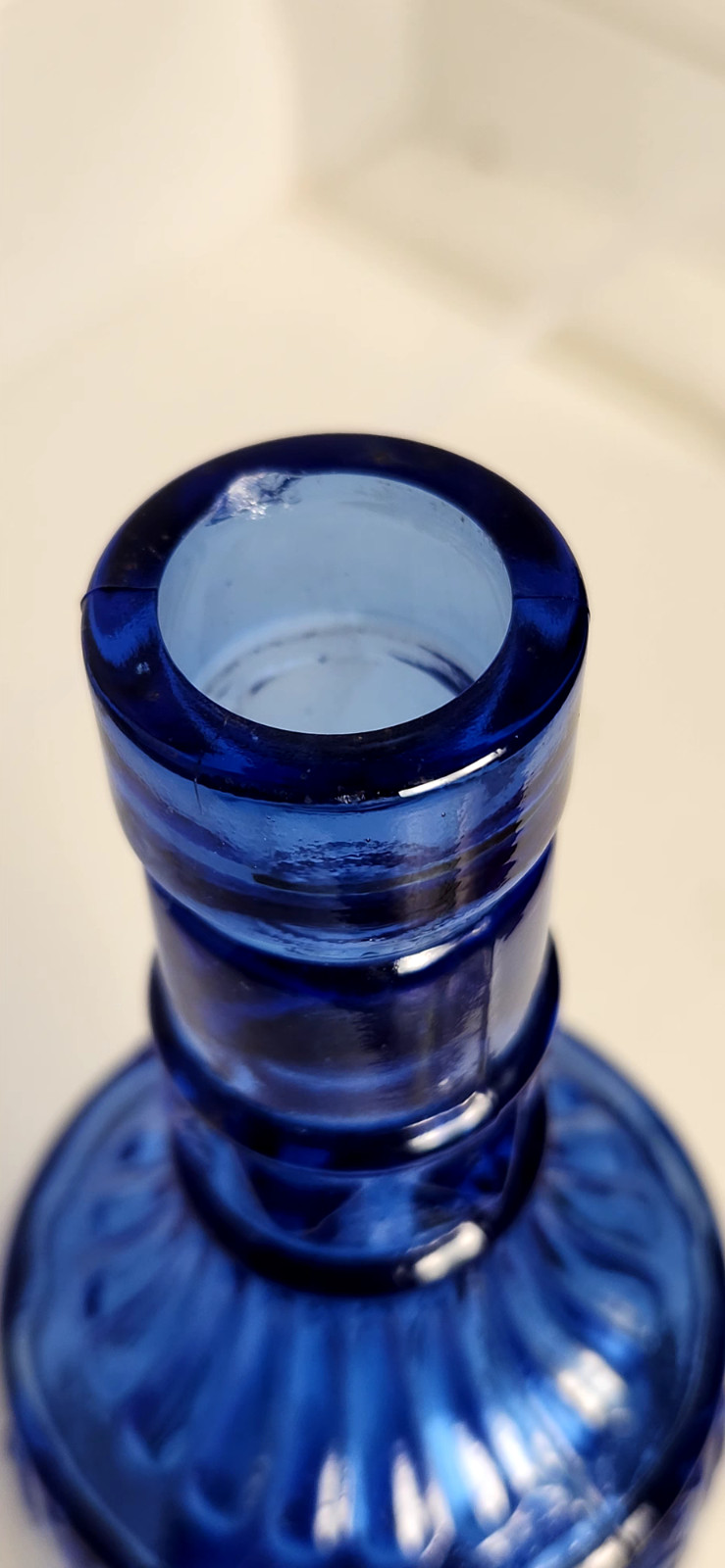 Vintage Cobalt Blue Embossed Pressed Glass Bottle Decanter Decorative 12"