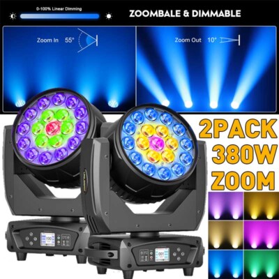 2PCS 19x20W RGBW Zoom Beam Moving Head Light Wash DJ Stage Light DMX Halloween
