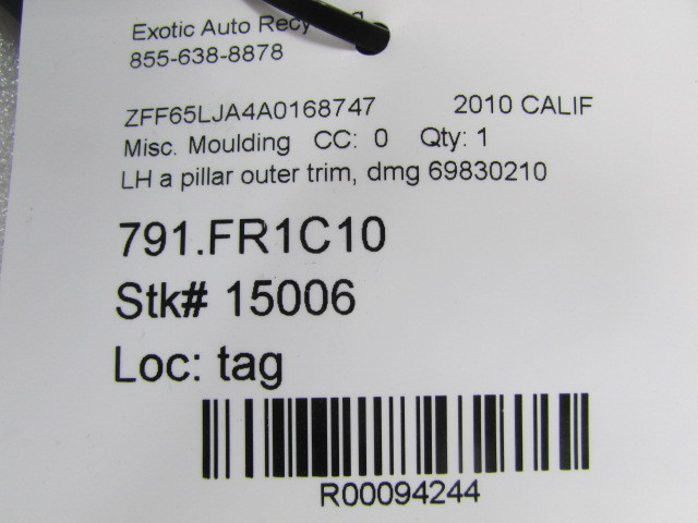 Ferrari California, LH, Left Outer A-Pillar Trim, Used, P/N 69830210