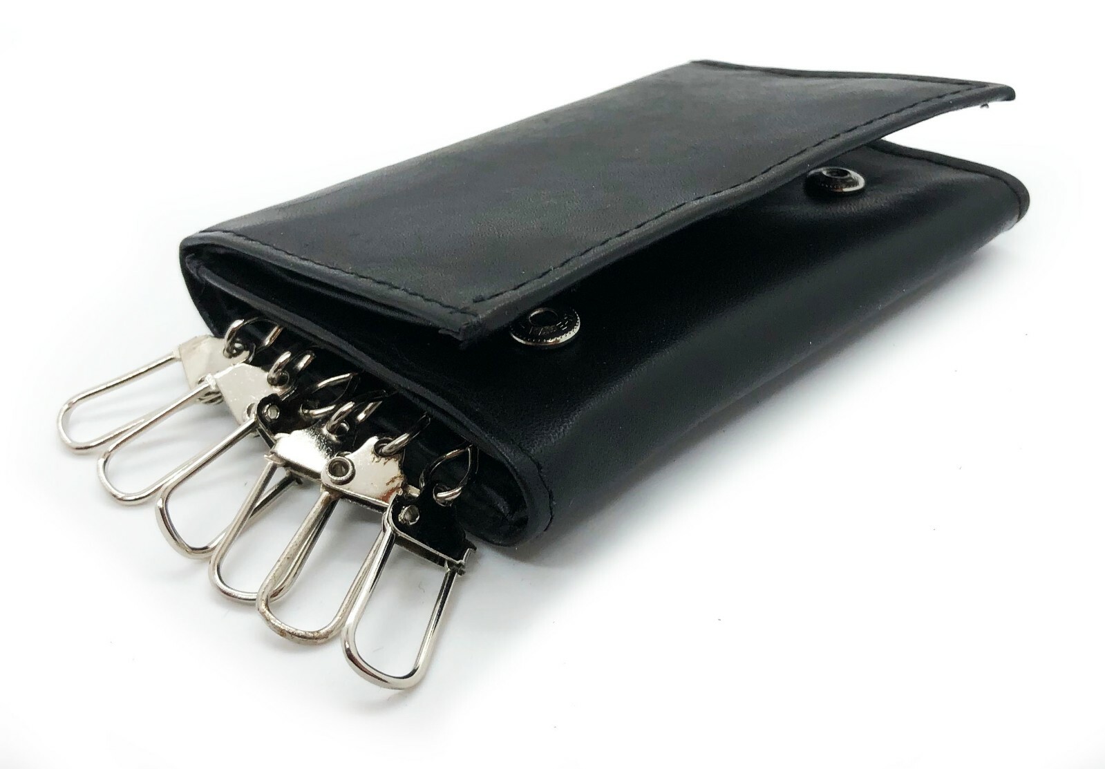 Black Genuine Leather Trifold Wallet with 6 Key Rings for Men