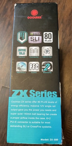 NEW Coolmax ZX-500 500W 80 Plus ATX12V 2.2/EPS12V 2.91 Power Supply - Picture 2 of 7