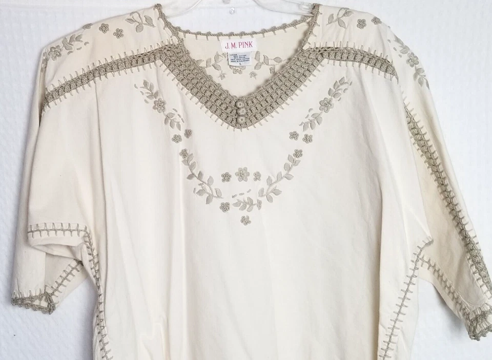 Vintage J.M. Conjunto de Vestido Floral Rosa Para Mujer Beige Bordado a Mano Crochet Talla L Foto 3 de 4