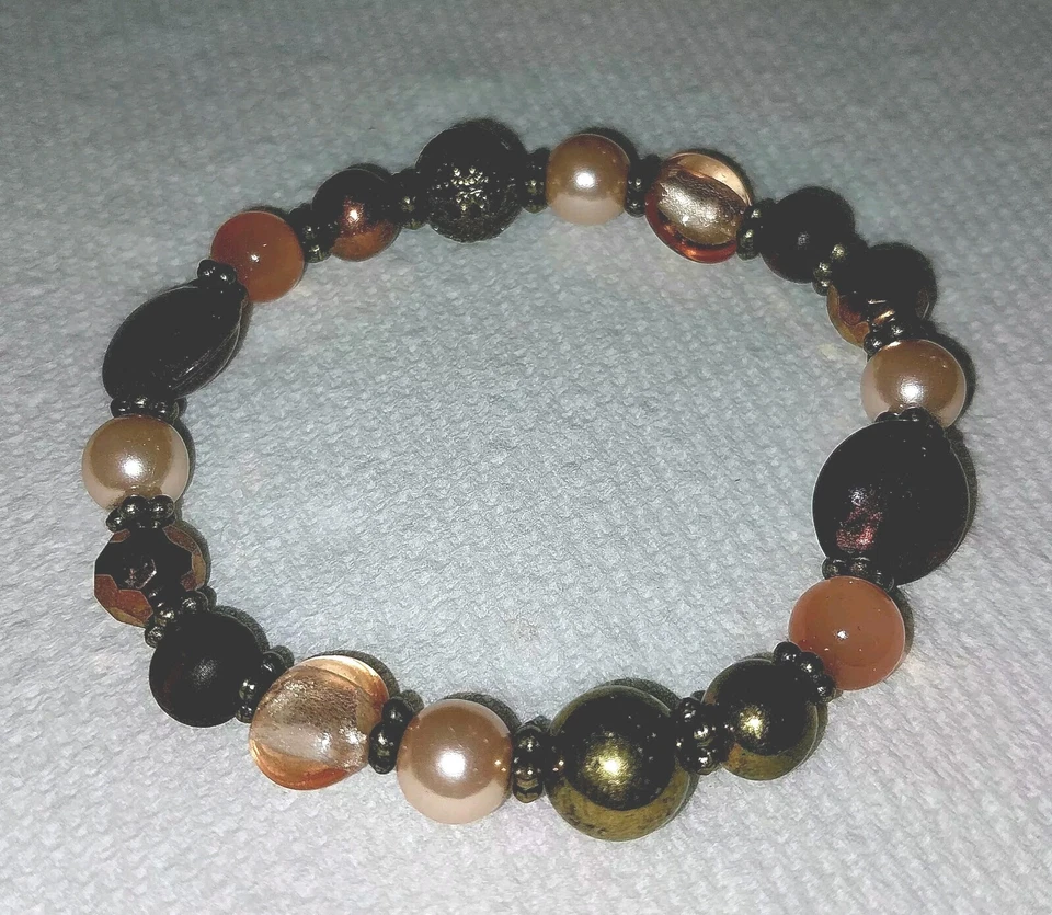 Pulsera de cuentas de vidrio multicolor vintage ojo de tigre peltre rosa perla elástica Foto 2 de 4