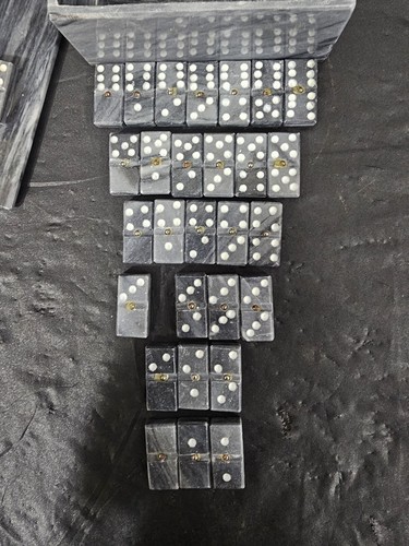 Vintage Handmade Carved Marble Stone Domino Set With Box And 28 Pieces - Picture 2 of 5