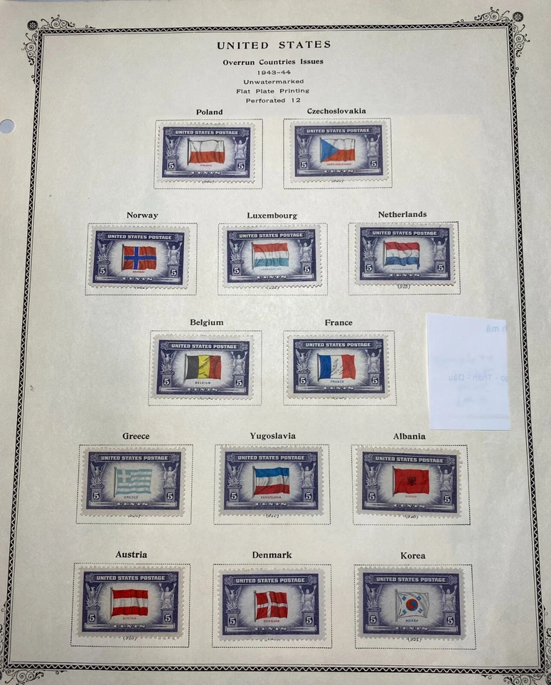 USA. 1943 - 1944 Overrun Countries Issues complete set Mint Hinged - Image 4 of 4