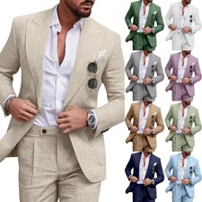 Linen Men's Suit Set Casual Tuxedo 2 Piece Regular Fit Blazer One Button Jacket