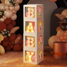 Baby Balloon Boxes with B, A, B, Y Light up Letters 4 White Transparent Square B