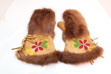 BEADED NATIVE AMERICAN ANTIQUE GAUNTLETS FUR LEATHER CREE INDIAN GLOVES 13"