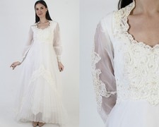Vtg White Wedding Gown Asymmetrical High Waist Train Bridal Victorian Dress