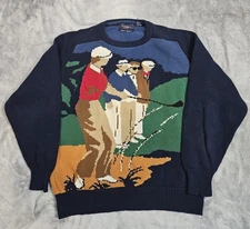 Vtg Hathaway Hand Intarsia Golf Sweater Navy Blue Double Side Golf Scene Size XL