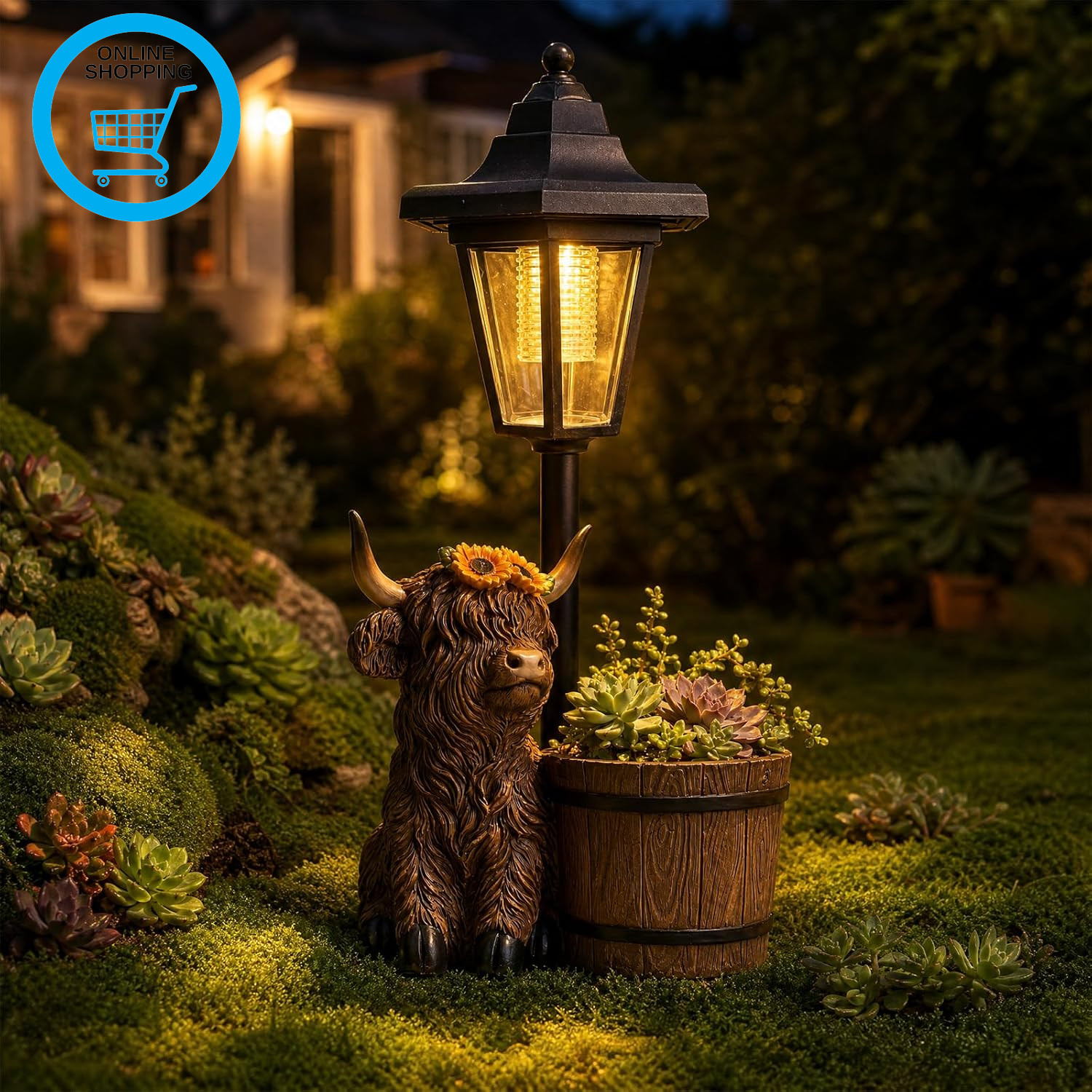 2026 Highland Cow Garden Statues with Solar Lantern Flowerpot Outdoor Decor, Hig