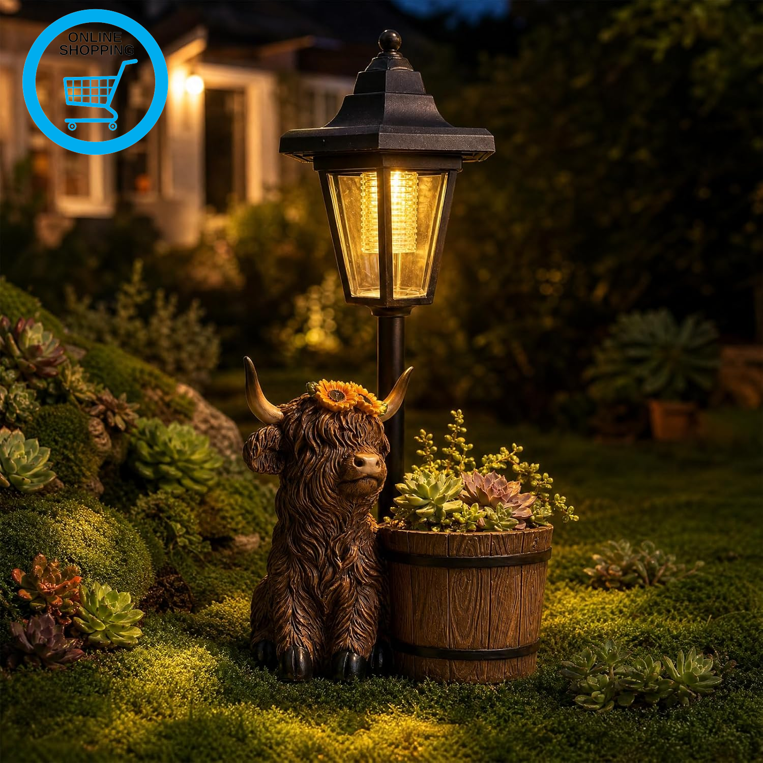 2026 Highland Cow Garden Statues with Solar Lantern Flowerpot Outdoor Decor, Hig