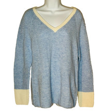 Talbots V Neck Knit Sweater Size L Blue and Cream Cotton Blend NWT